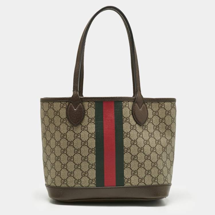 Pre Owned Gucci Beige/Ebony GG Supreme Canvas and Leather Small Ophidia Tote