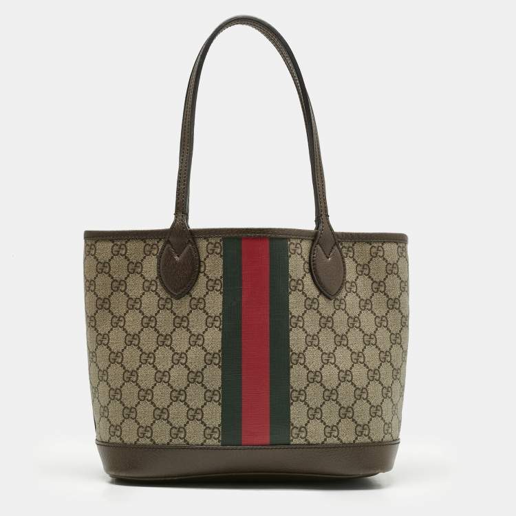 Pre Owned Gucci Beige/Ebony GG Supreme Canvas and Leather Small Ophidia Tote