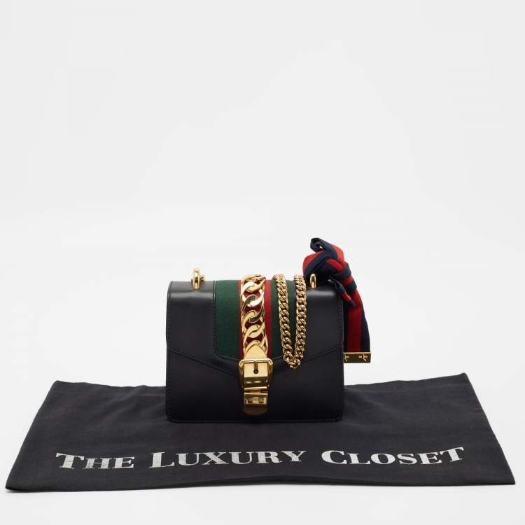 Pre Owned Gucci Black Leather Mini Web Chain Sylvie Shoulder Bag