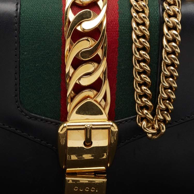 Pre Owned Gucci Black Leather Mini Web Chain Sylvie Shoulder Bag