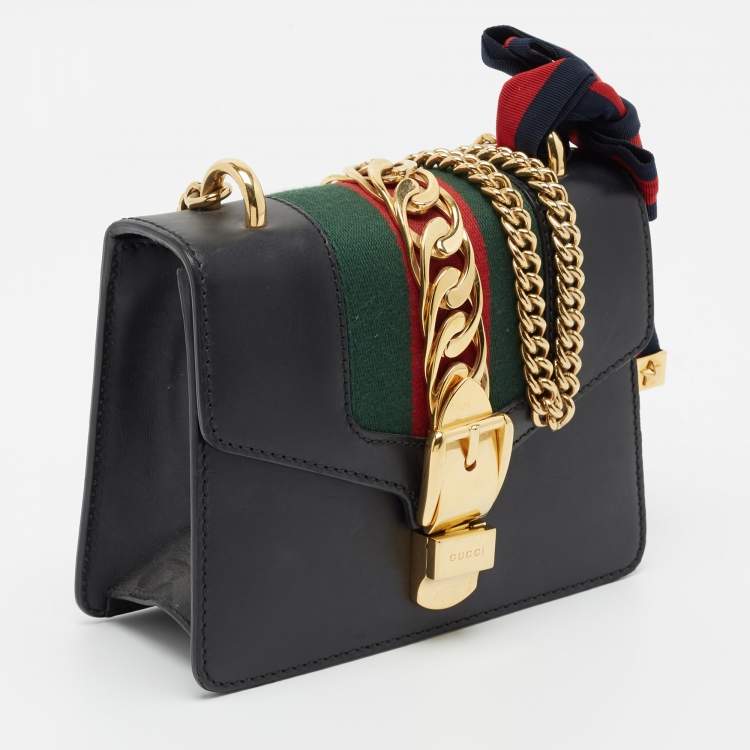 Pre Owned Gucci Black Leather Mini Web Chain Sylvie Shoulder Bag