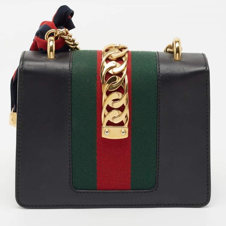 Pre Owned Gucci Black Leather Mini Web Chain Sylvie Shoulder Bag