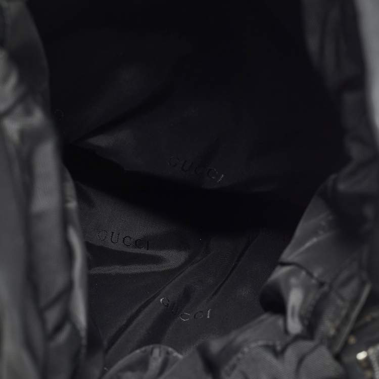 Pre Owned Gucci Black Leather and Nylon Drawstring Bucket Bag