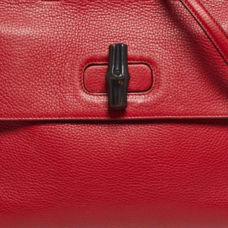 Pre Owned Gucci Red Leather Medium Bamboo Daily Top Handle Bag