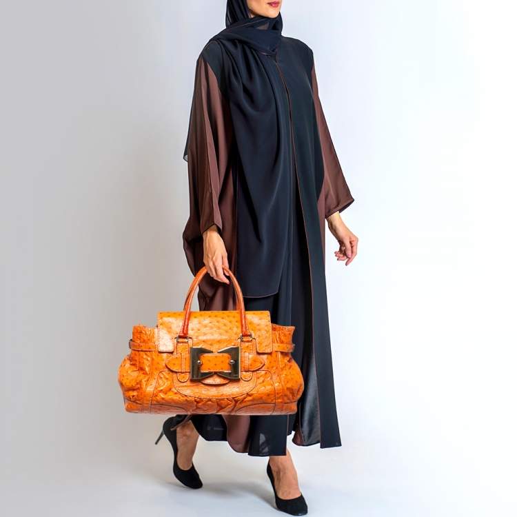 Pre Owned Gucci Orange Ostrich Large Dialux Queen Satchel