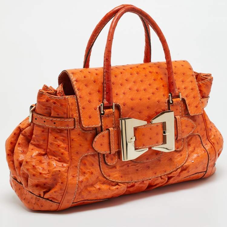 Pre Owned Gucci Orange Ostrich Large Dialux Queen Satchel