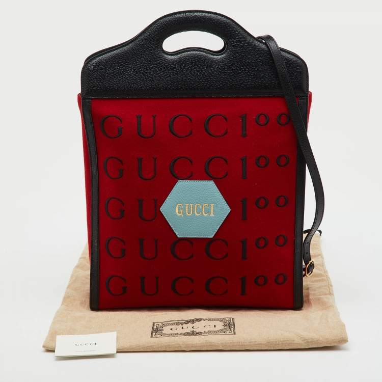 Pre Owned Gucci Red/Black Felt and Leather Script Logo 100 Centennial Tote