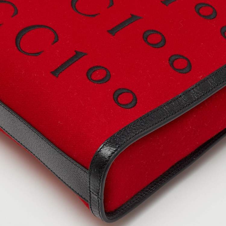 Pre Owned Gucci Red/Black Felt and Leather Script Logo 100 Centennial Tote