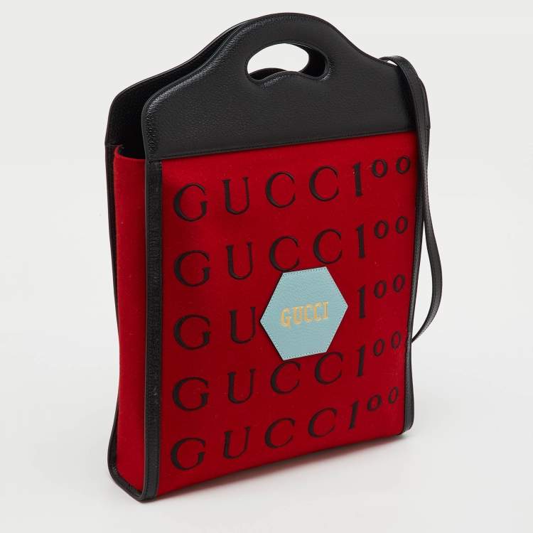 Pre Owned Gucci Red/Black Felt and Leather Script Logo 100 Centennial Tote