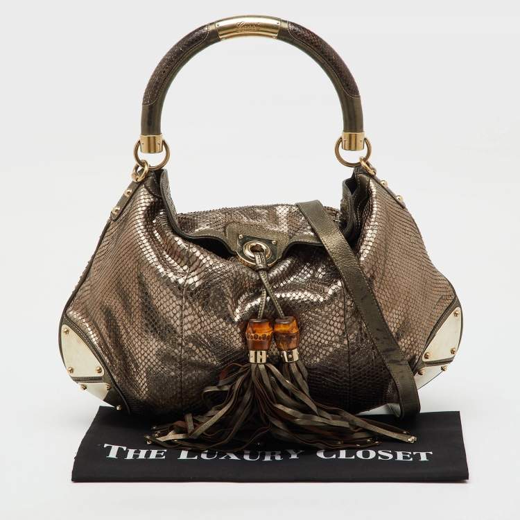 Pre Owned Gucci Metallic Grey Python and Leather Large Babouska Indy Top Handle Bag