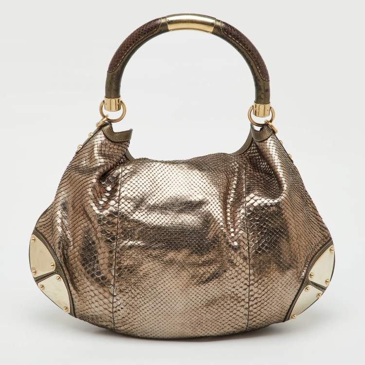 Pre Owned Gucci Metallic Grey Python and Leather Large Babouska Indy Top Handle Bag
