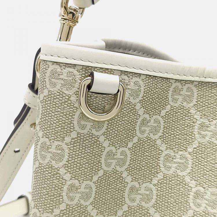 Pre Owned Gucci Beige Leather and PVC GG Emblem Small Bucket Bag