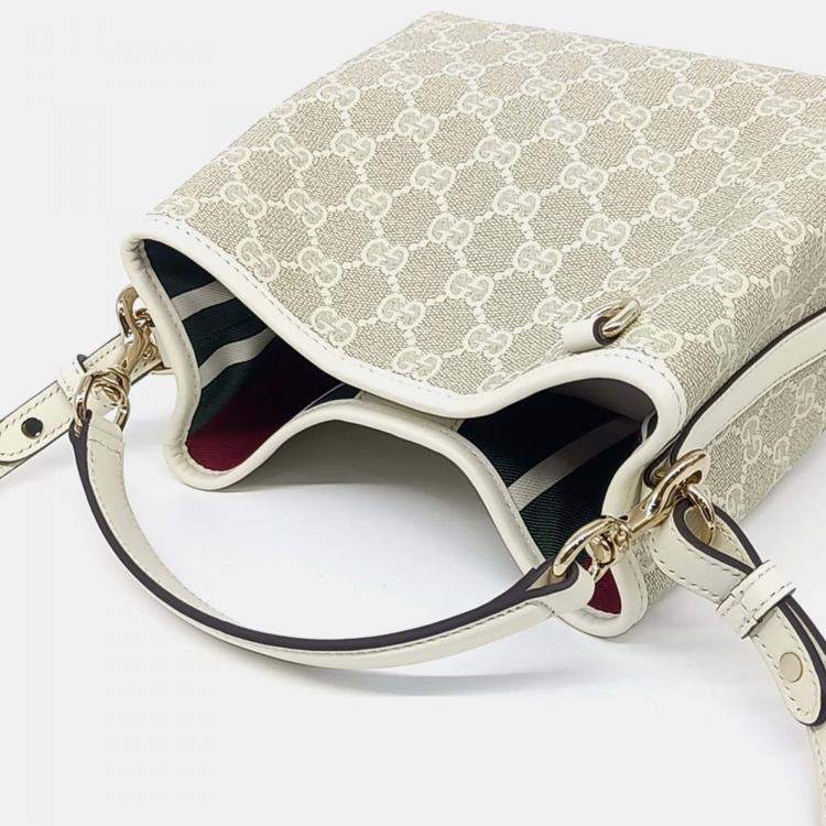 Pre Owned Gucci Beige Leather and PVC GG Emblem Small Bucket Bag