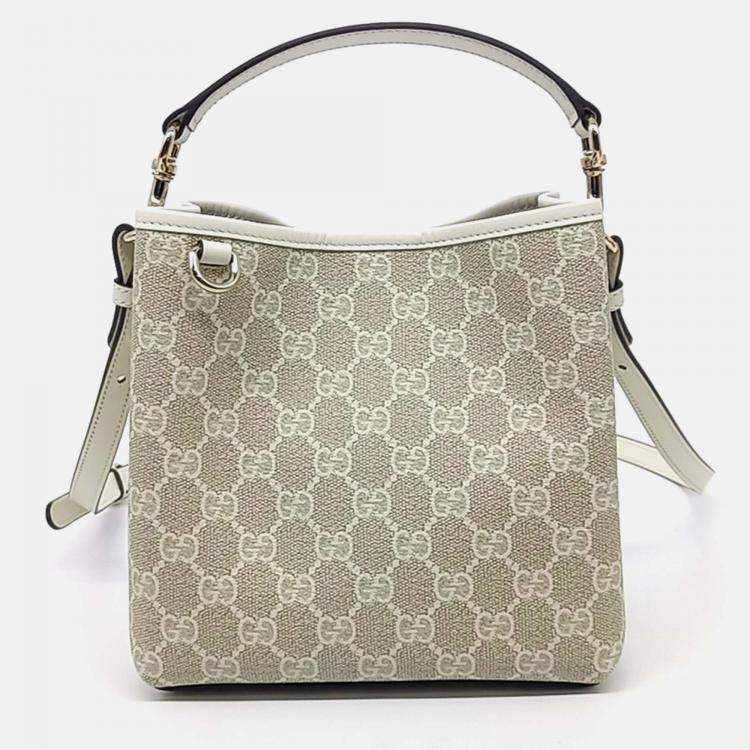 Pre Owned Gucci Beige Leather and PVC GG Emblem Small Bucket Bag