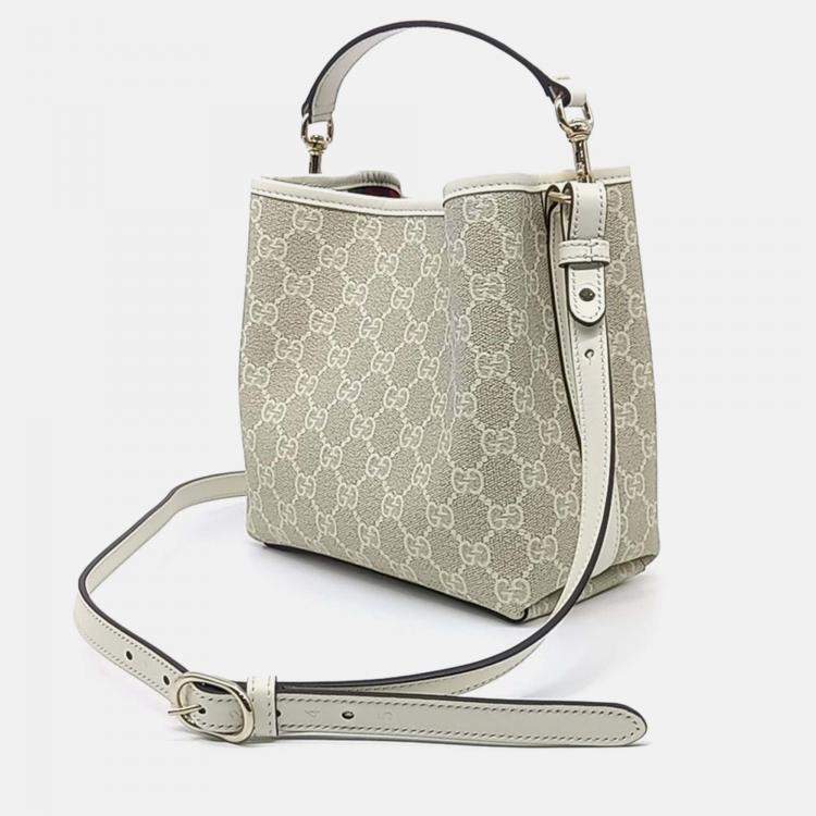 Pre Owned Gucci Beige Leather and PVC GG Emblem Small Bucket Bag