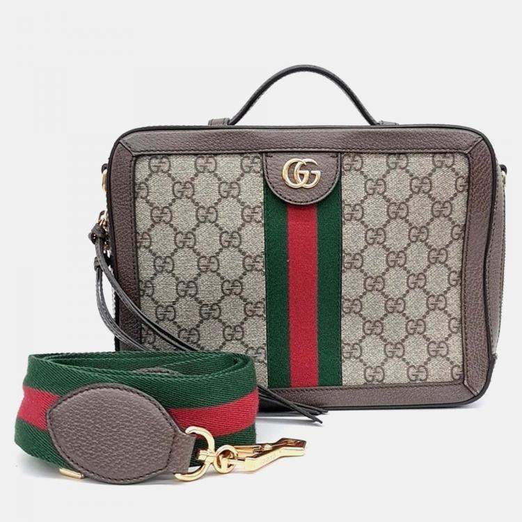 Pre Owned Gucci Beige Brown Leather and PVC Ophidia GG Shoulder Bag Small