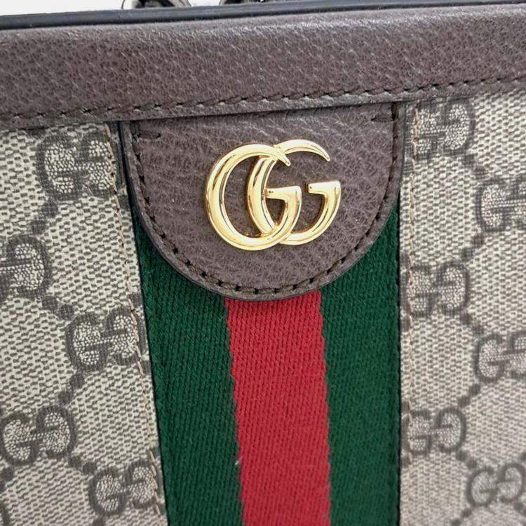 Pre Owned Gucci Beige Brown Leather and PVC Ophidia GG Shoulder Bag Small