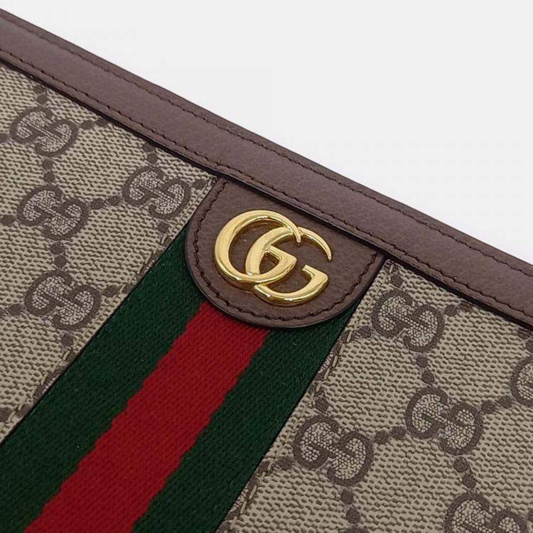 Pre Owned Gucci Beige Brown Leather and PVC Ophidia Clutch