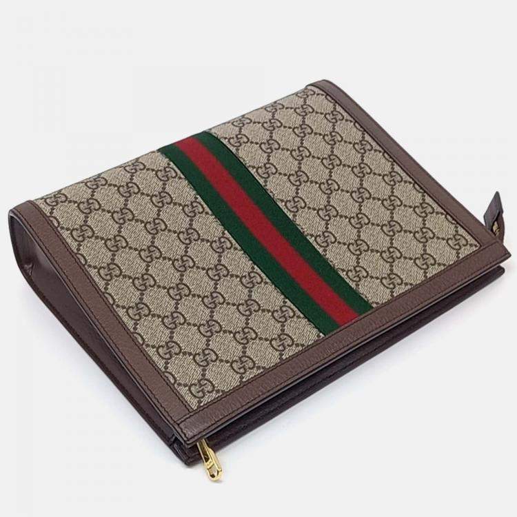 Pre Owned Gucci Beige Brown Leather and PVC Ophidia Clutch
