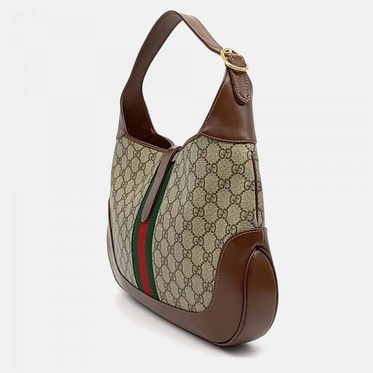 Pre Owned Gucci Beige Brown Leather and PVC Jackie 1961 Medium Hobo Bag