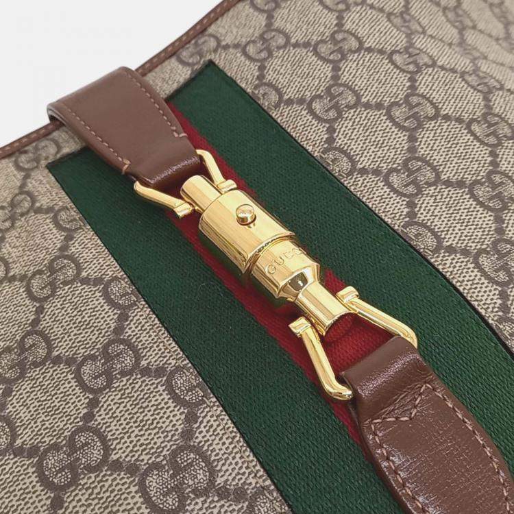 Pre Owned Gucci Beige Brown Leather and PVC Jackie 1961 Medium Hobo Bag