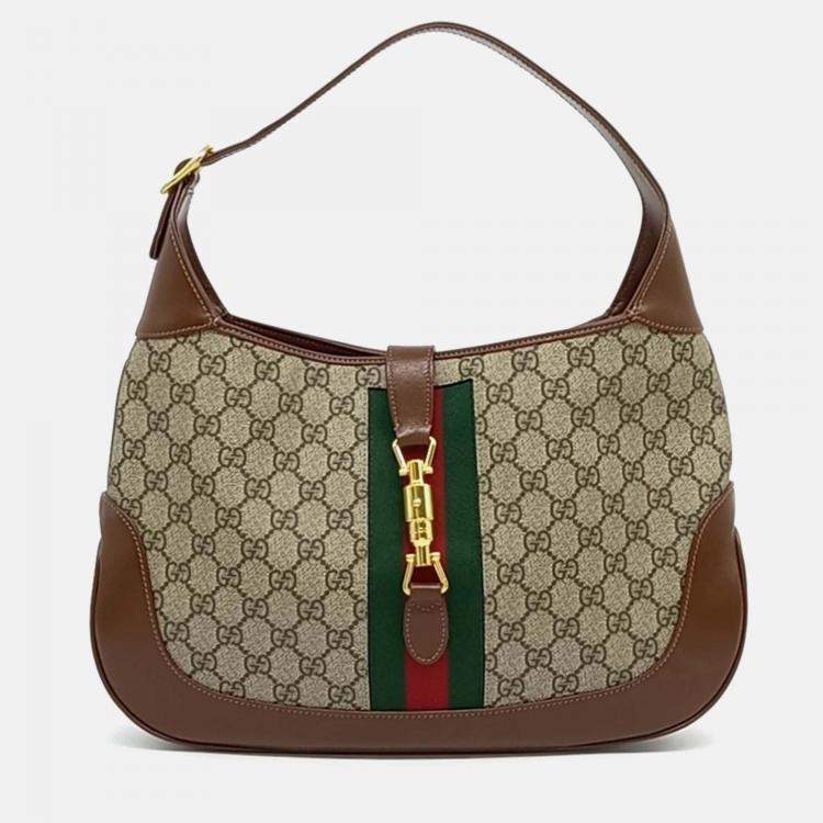 Pre Owned Gucci Beige Brown Leather and PVC Jackie 1961 Medium Hobo Bag