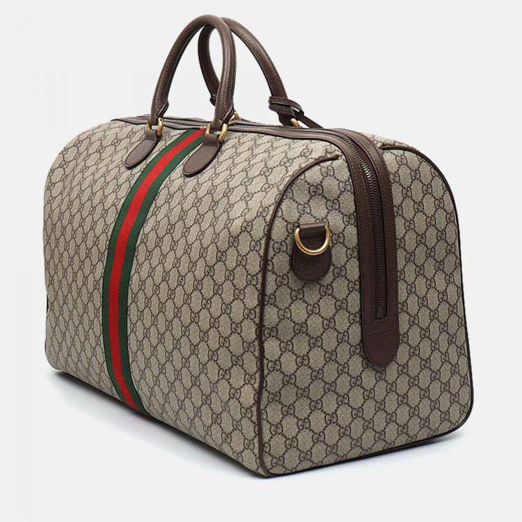 Pre Owned Gucci Beige Brown Leather and PVC Ophidia Savoy Duffel Bag