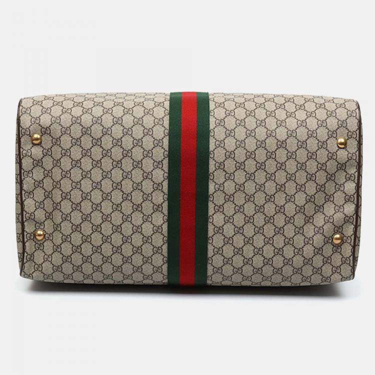 Pre Owned Gucci Beige Brown Leather and PVC Ophidia Savoy Duffel Bag