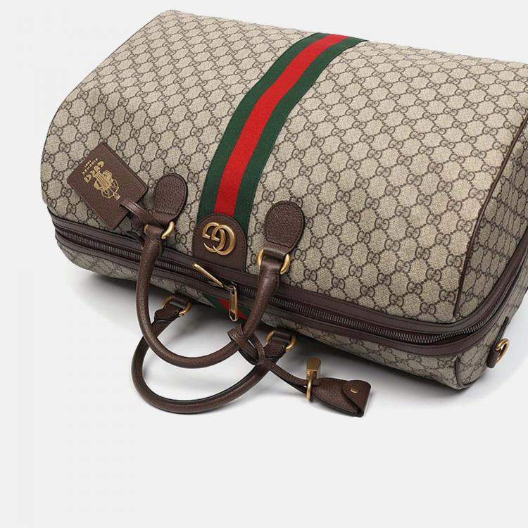 Pre Owned Gucci Beige Brown Leather and PVC Ophidia Savoy Duffel Bag