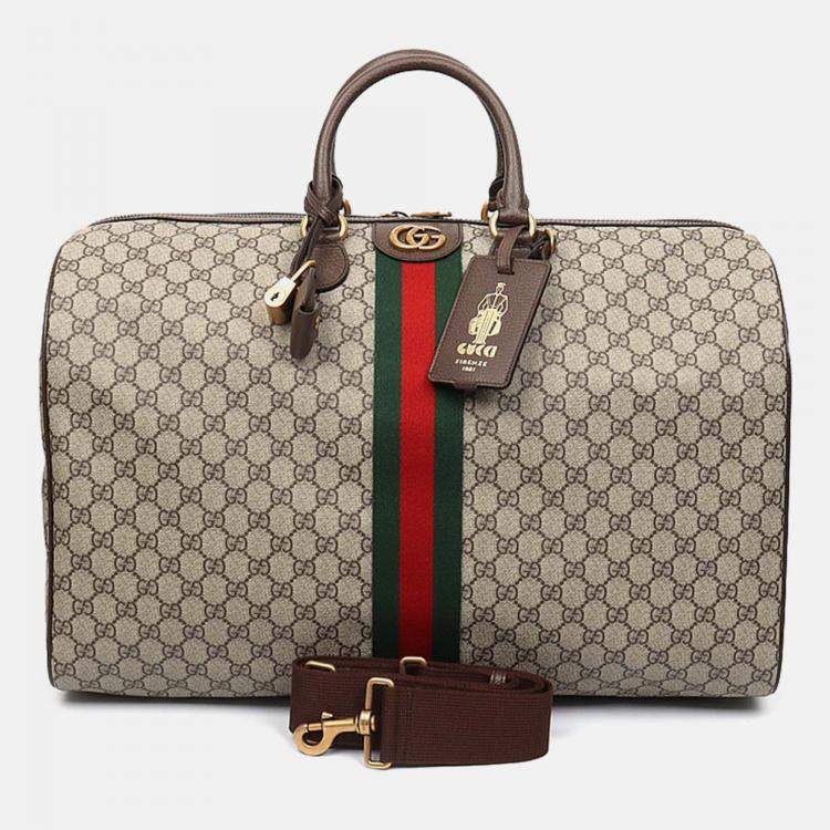 Pre Owned Gucci Beige Brown Leather and PVC Ophidia Savoy Duffel Bag