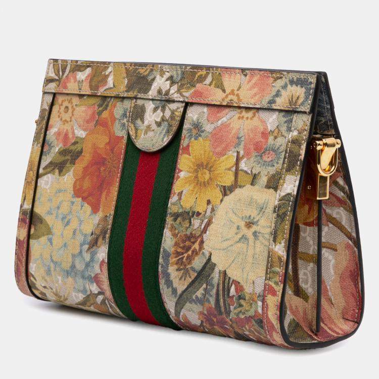 Pre Owned Gucci Beige Small GG Supreme Water Flora Ophidia Chain Bag