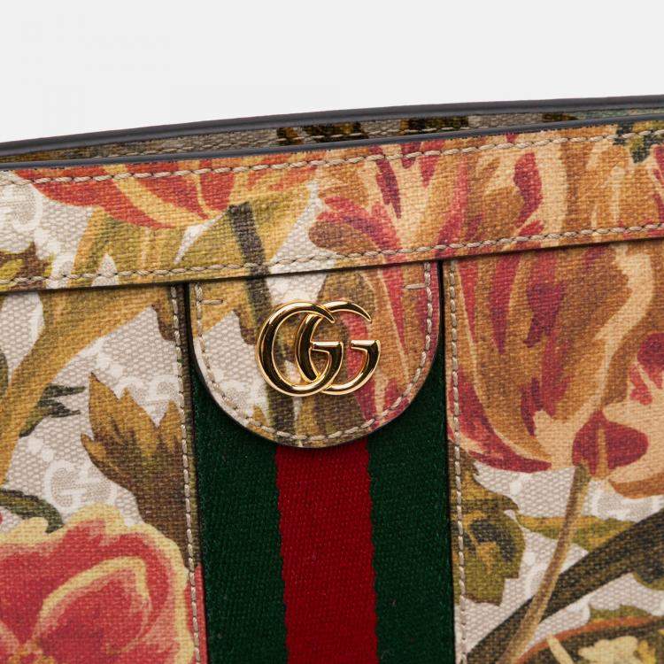 Pre Owned Gucci Beige Small GG Supreme Water Flora Ophidia Chain Bag