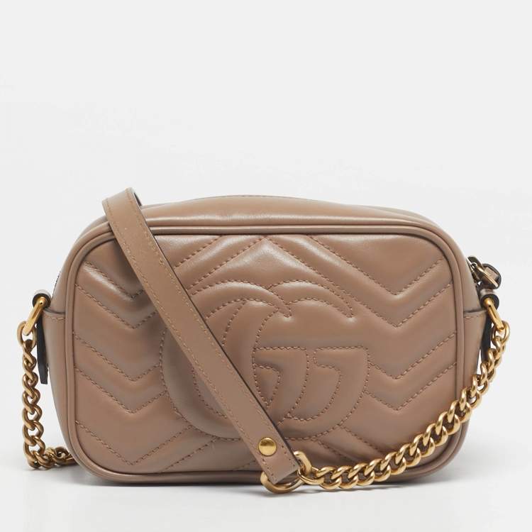 Pre Owned Gucci Dusty Pink Matelassé Leather GG Marmont Mini Camera Bag