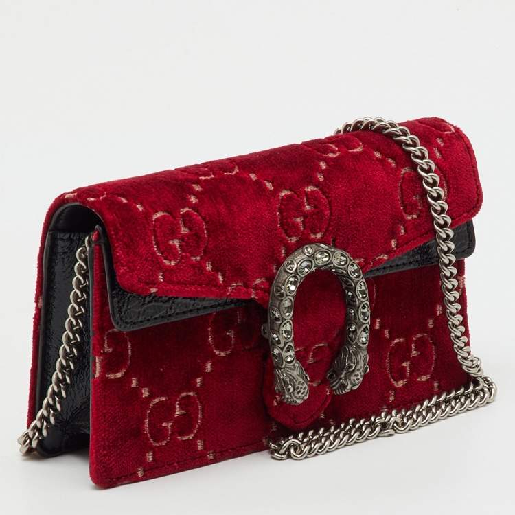 Pre Owned Gucci Red/Black GG Velvet and Patent Leather Super Mini Dionysus Crossbody Bag