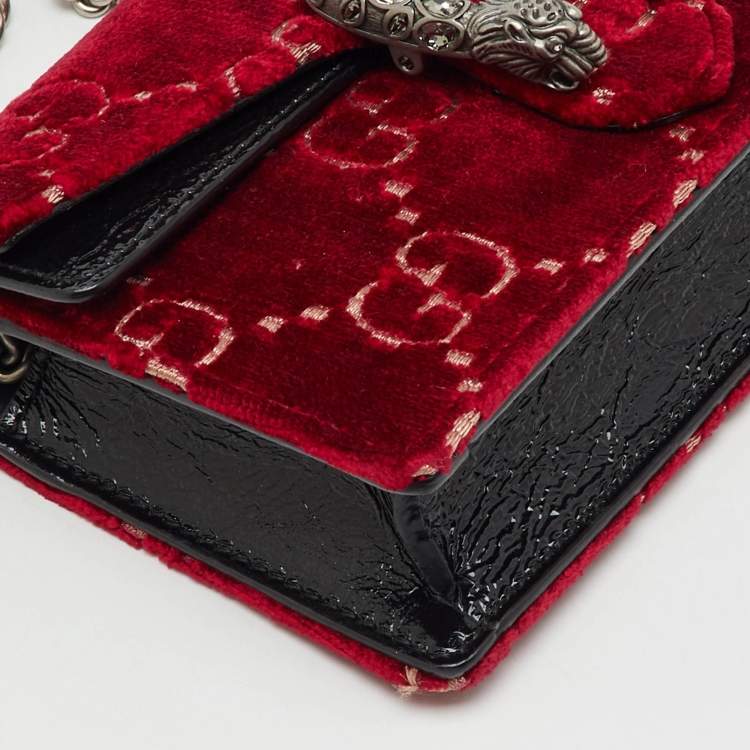 Pre Owned Gucci Red/Black GG Velvet and Patent Leather Super Mini Dionysus Crossbody Bag