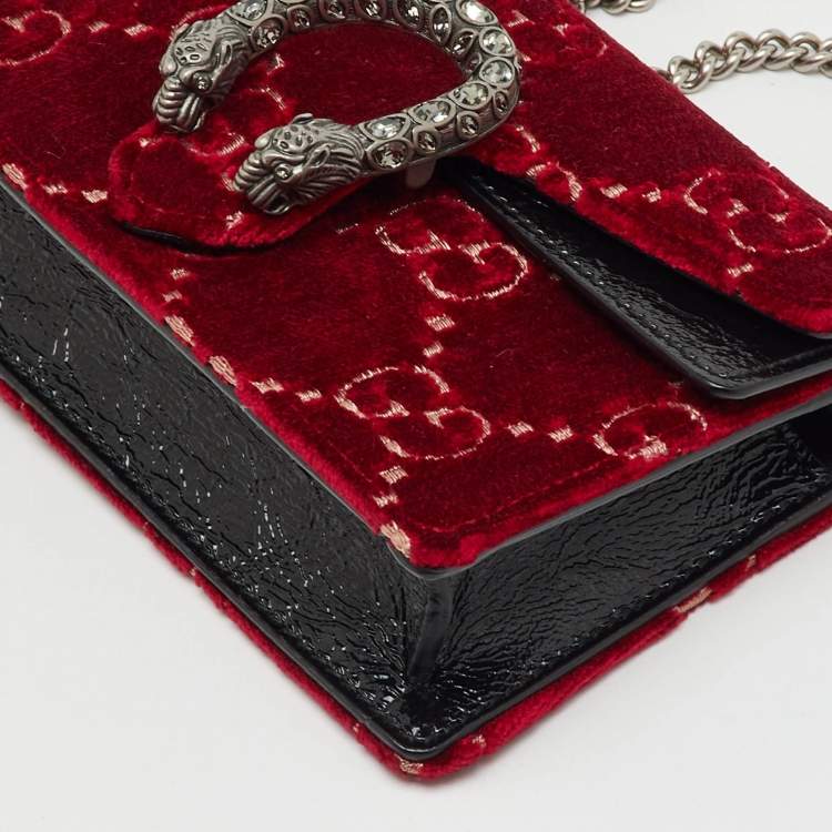 Pre Owned Gucci Red/Black GG Velvet and Patent Leather Super Mini Dionysus Crossbody Bag