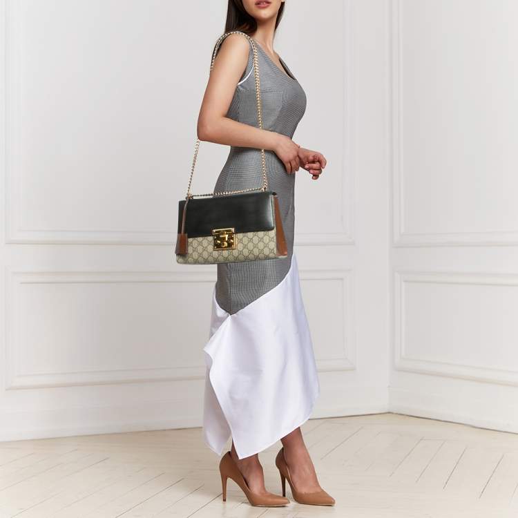 Pre Owned Gucci Black/Beige GG Supreme Canvas and Leather Medium Padlock Shoulder Bag