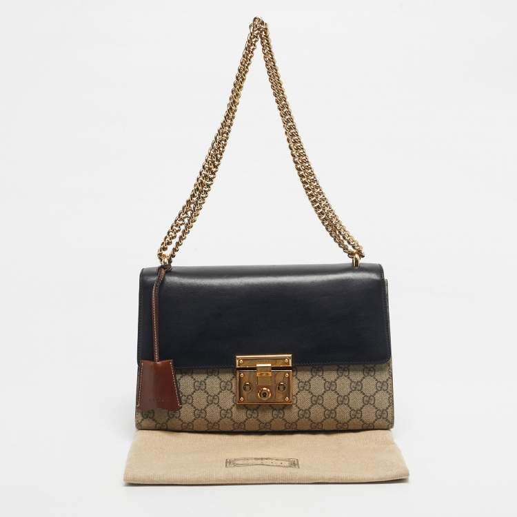 Pre Owned Gucci Black/Beige GG Supreme Canvas and Leather Medium Padlock Shoulder Bag