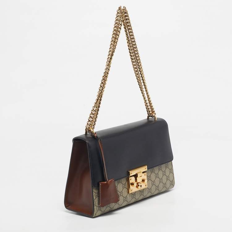 Pre Owned Gucci Black/Beige GG Supreme Canvas and Leather Medium Padlock Shoulder Bag