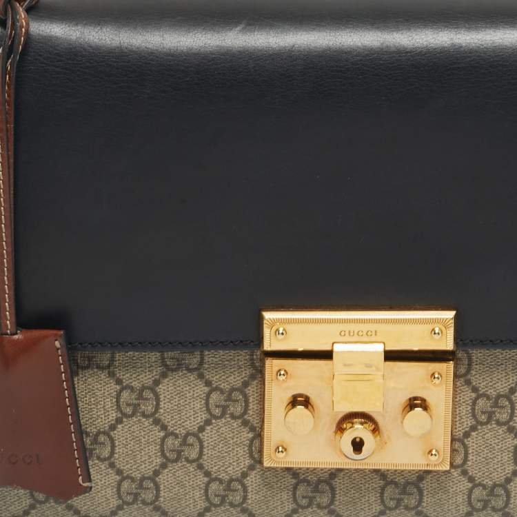 Pre Owned Gucci Black/Beige GG Supreme Canvas and Leather Medium Padlock Shoulder Bag