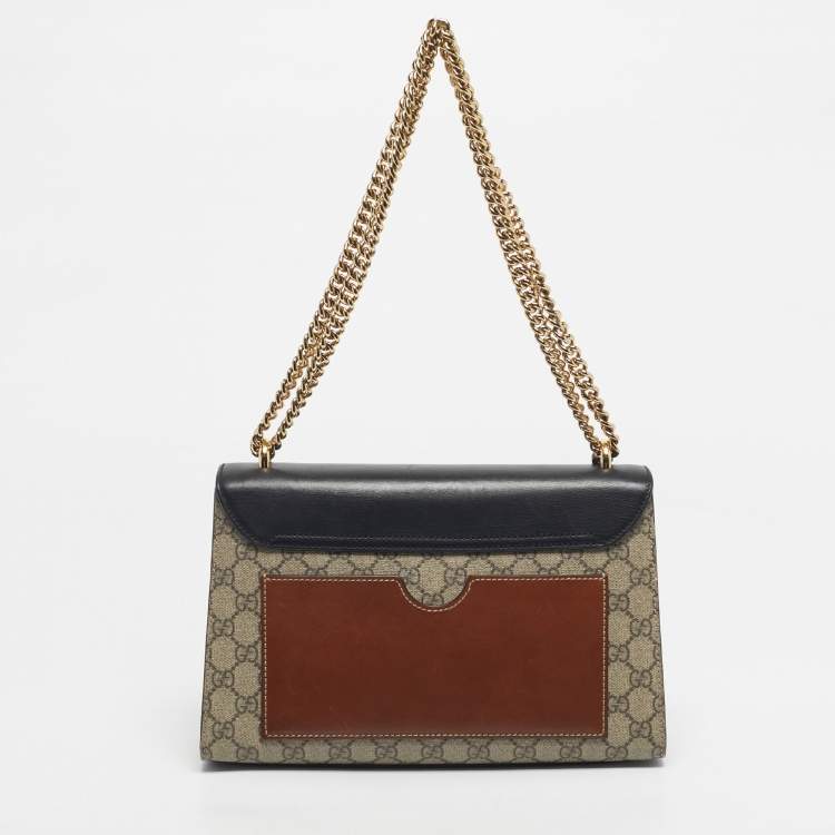 Pre Owned Gucci Black/Beige GG Supreme Canvas and Leather Medium Padlock Shoulder Bag
