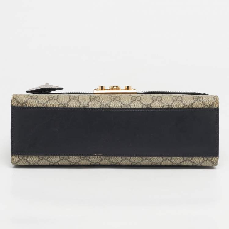 Pre Owned Gucci Black/Beige GG Supreme Canvas and Leather Medium Padlock Shoulder Bag