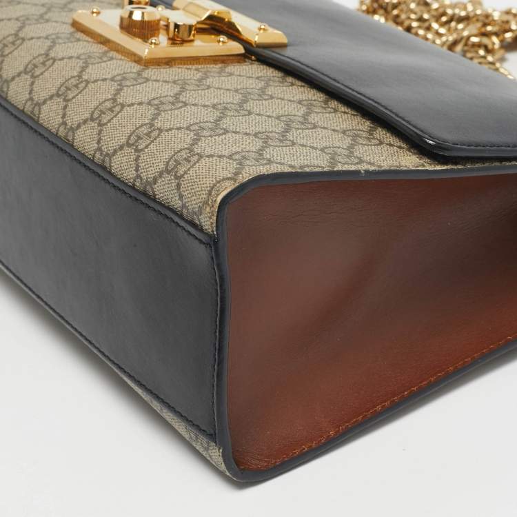 Pre Owned Gucci Black/Beige GG Supreme Canvas and Leather Medium Padlock Shoulder Bag