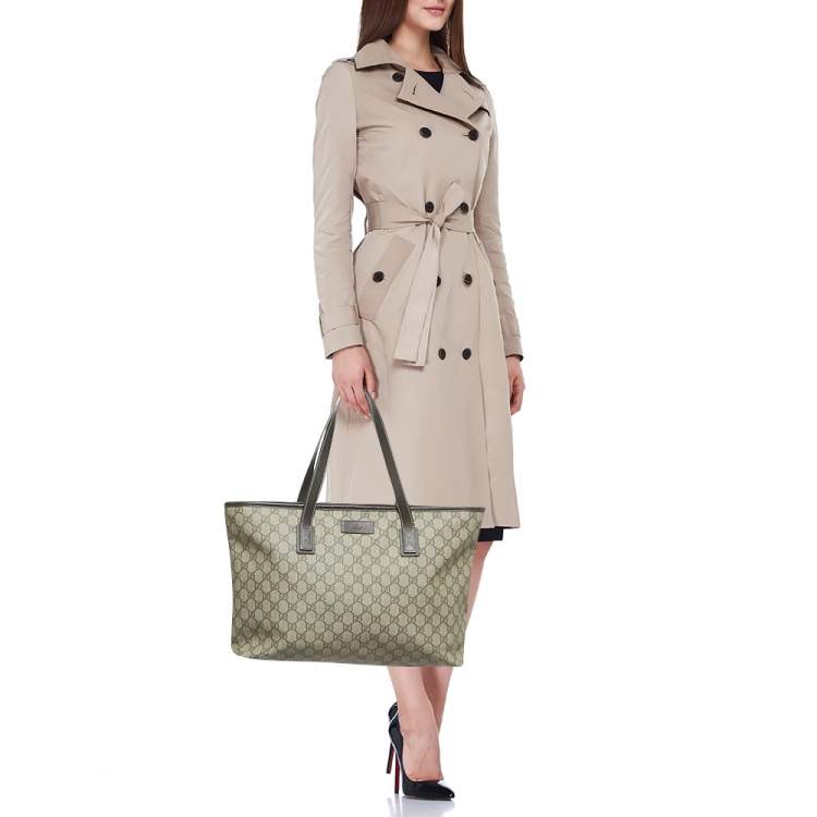 Pre Owned Gucci Brown/Beige GG Supreme Canvas Zip Shopper Tote