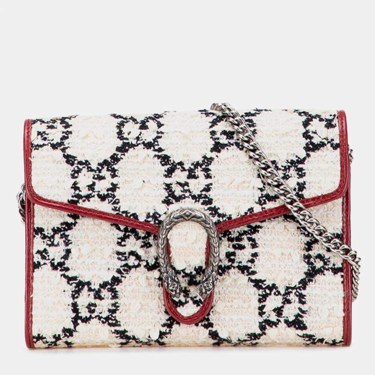 Pre Owned Gucci Red/White GG Tweed Dionysus Wallet on Chain