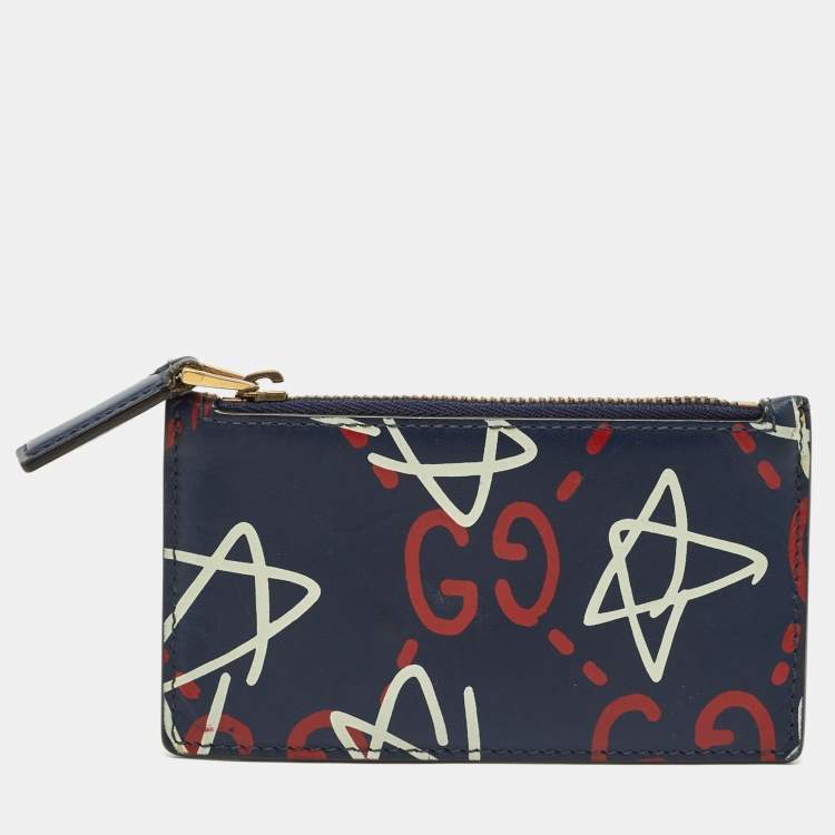 Pre Owned Gucci Navy Blue Leather Ghost Coin Zip Card Holder