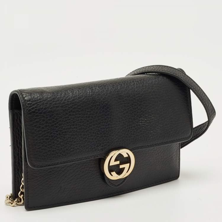 Pre Owned Gucci Black Leather Interlocking G Dollar Chain Wallet