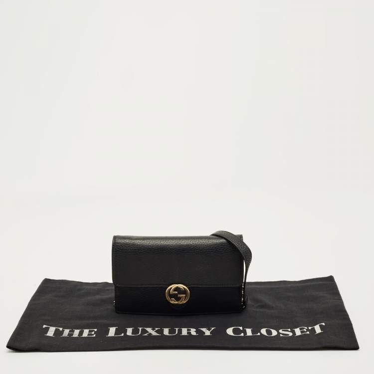 Pre Owned Gucci Black Leather Interlocking G Dollar Chain Wallet