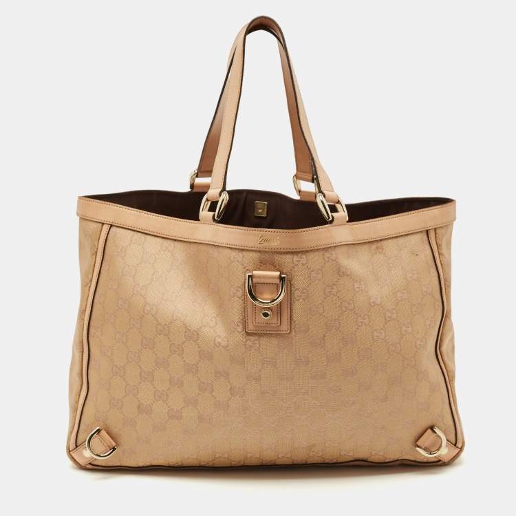 Pre Owned Gucci Beige/Gold GG Fabric and Leather Abbey D-Ring Tote