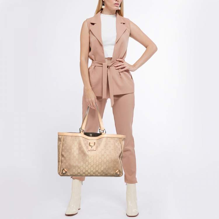 Pre Owned Gucci Beige/Gold GG Fabric and Leather Abbey D-Ring Tote